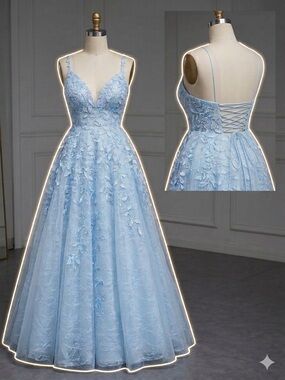 Elegant Light Blue Lace Prom Gown